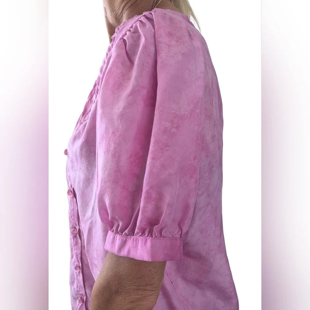 Johnny Was Amanda Bond 100% Silk Pink Peasant Blouse Puff Sleeve XS/S
